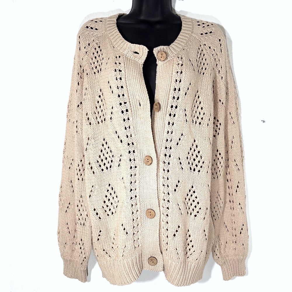 Womens‎ M Beige Open Knit Diamond Pattern Cardigan Sweater Crochet Cottagecore